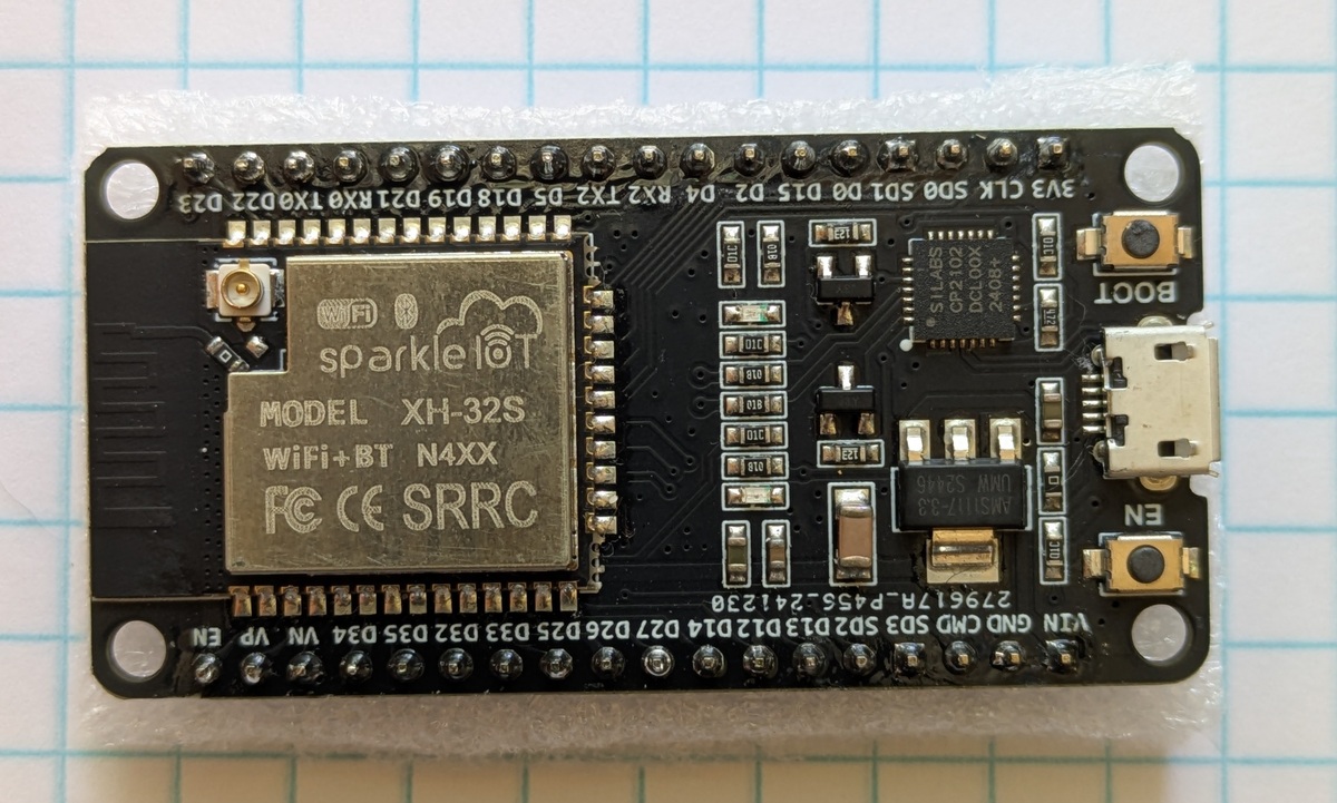 Top view of the ESP32 DEVKIT V1.1 - DOIT development board.  Roughly an inch by 2 inches.