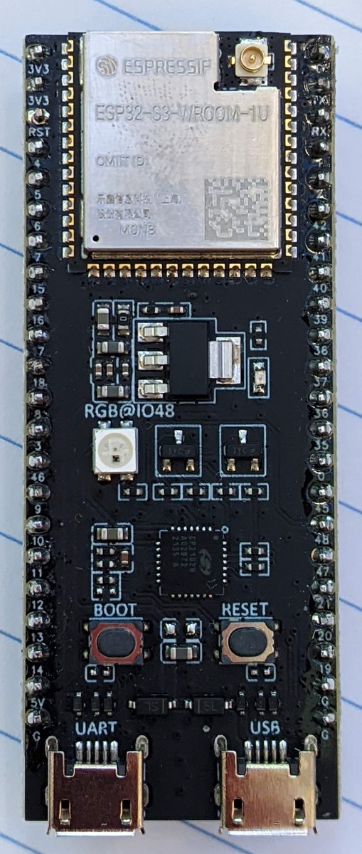 Top view of the Espressif ESP32-S3-DevKitC-1U-N8 development board.