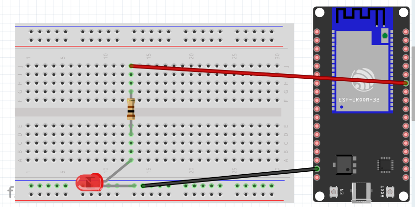 A diagram of the connections between the ESP32 board and the LED on a half-breadboard for the flashing LED test.