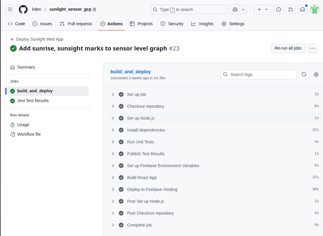 Screenshot of the GitHub Actions workflow for the web app deployment, showing steps like Set Up Job, Checkout Repository, Install Dependencies, Run  Unit Tests, and Deploy to Firebase Hosting.