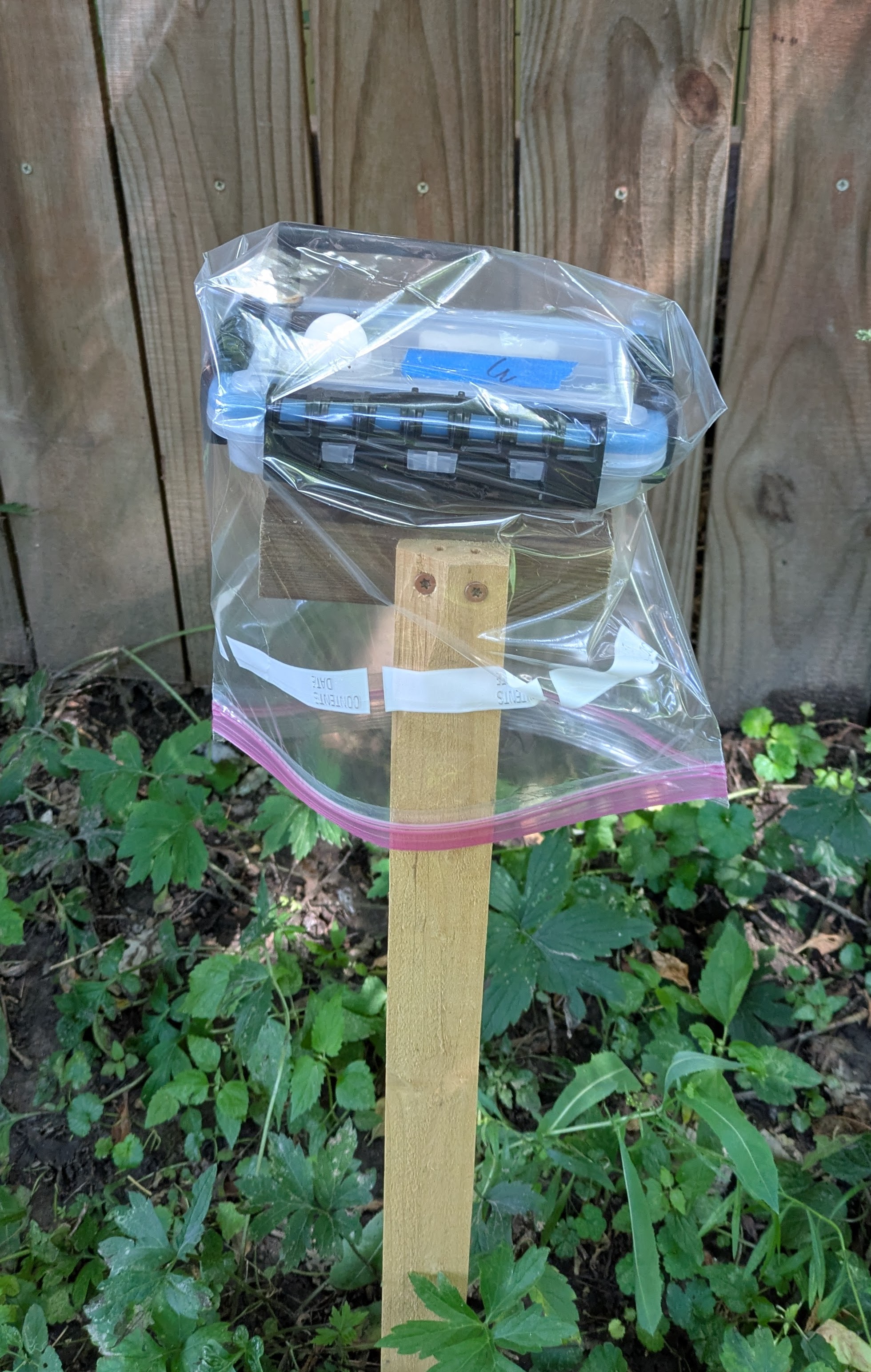 The complete sensor prototype in its enclosure, mounted on a wooden stake stand.  The sensor is covered with an inverted open clear plastic ziploc-style bag.