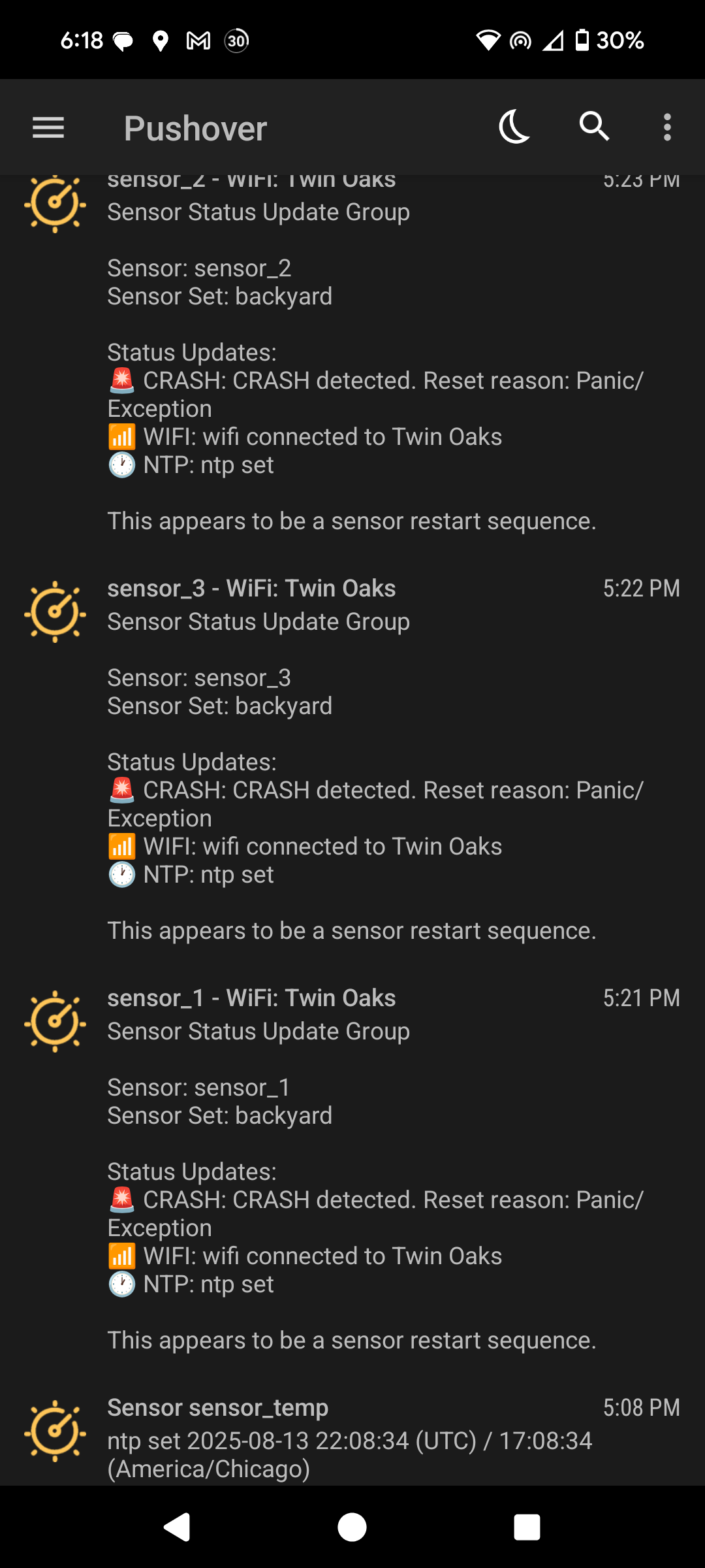 Example Pushover app notifications for sensor status changes.