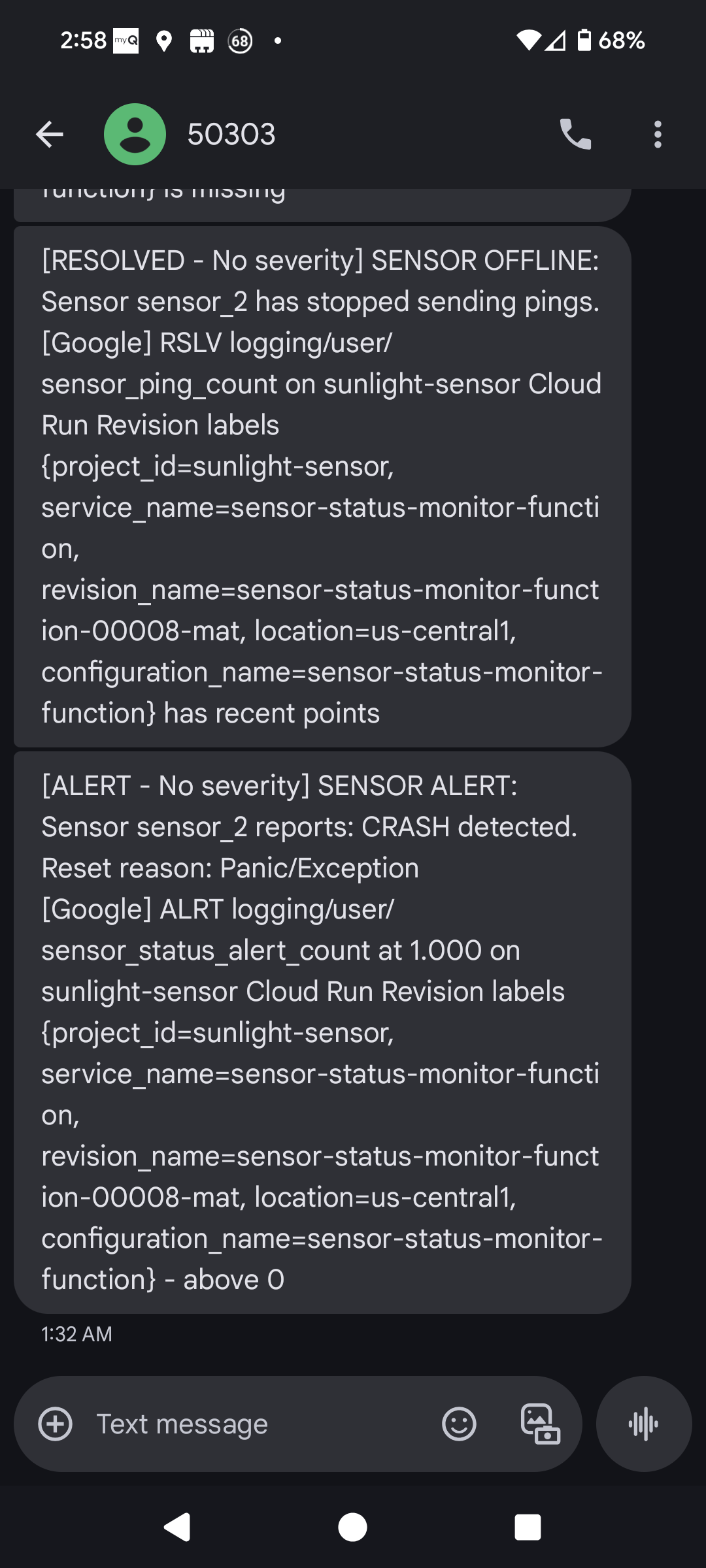 Two SMS alert messages sent from Google Cloud Monitoring.