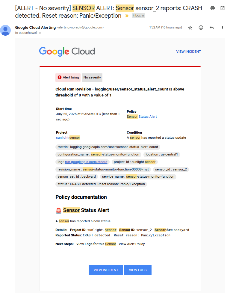 Email alert message sent from Google Cloud Monitoring.